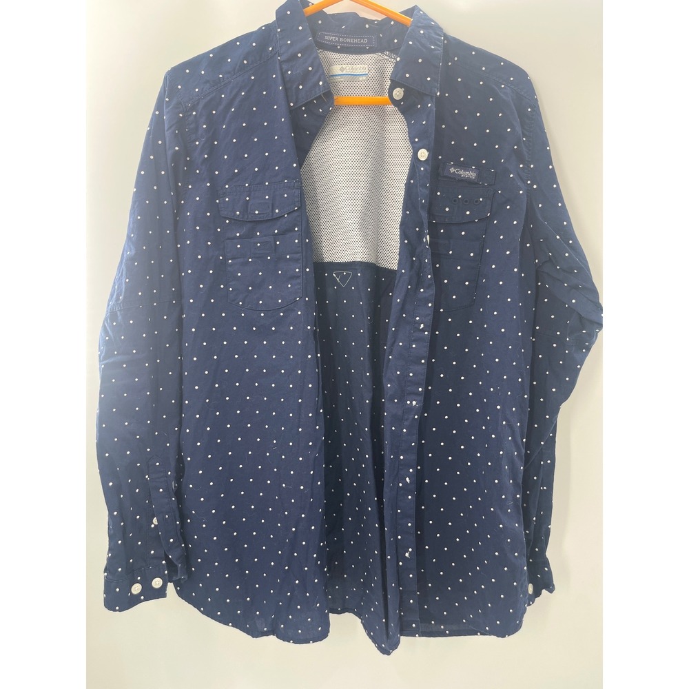 Columbia PFG Super Bonehead Fishing Shirt Mens Medium Navy Polka Dot Long Sleeve